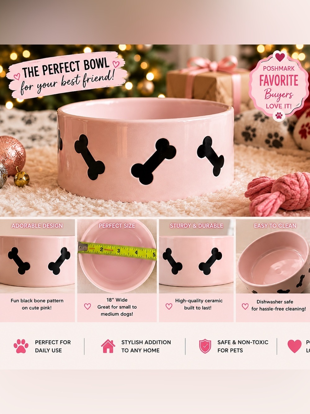 Pink Dog Bowl with Black Bone Design